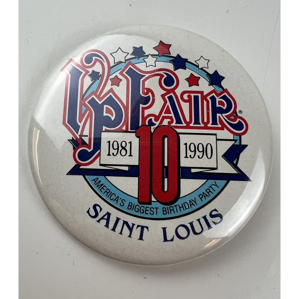 Vintage St Louis Missouri VP Fair 10th Annual Pushback Button Pin 1990 Souvenir